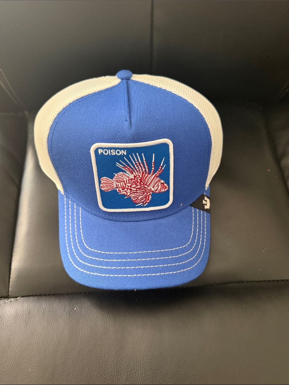 Blue and White Trucker Hat with 'Poison' Lionfish Patch